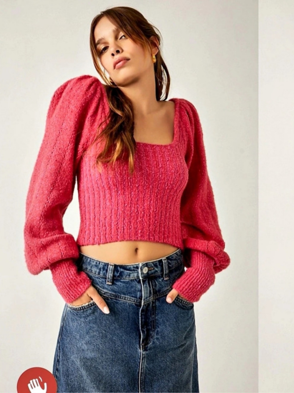 Free People Katie Pink and Red Striped Puff Sleeve Cropped Sweater Size M